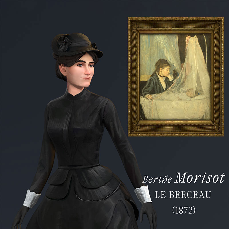 Berthe Morisot est une des rares femmes du mouvement impressionniste ; c’est aussi la première à se joindre à  ses expositions. Bien qu’appartenant à un milieu grand-bourgeois, Morisot parvient à s’imposer en tant que femme 
artiste au sein d’un groupe d’avant-garde, où elle expose avec aplomb de remarquables scènes de la vie moderne. Celles-ci sont parfois sévèrement critiquées, car jugées trop hâtivement brossées, ou témoignant d’une sensibilité alors considérée, non sans mépris, comme « féminine ».
Son tableau Le Berceau représente sa sœur Edma –  elle-même artiste douée, ayant abandonné la peinture après  son mariage – veillant avec tendresse et peut-être mélancolie sur le sommeil de sa fille Blanche, dont les traits sont à peine esquissés, entr’aperçus derrière un léger voile.