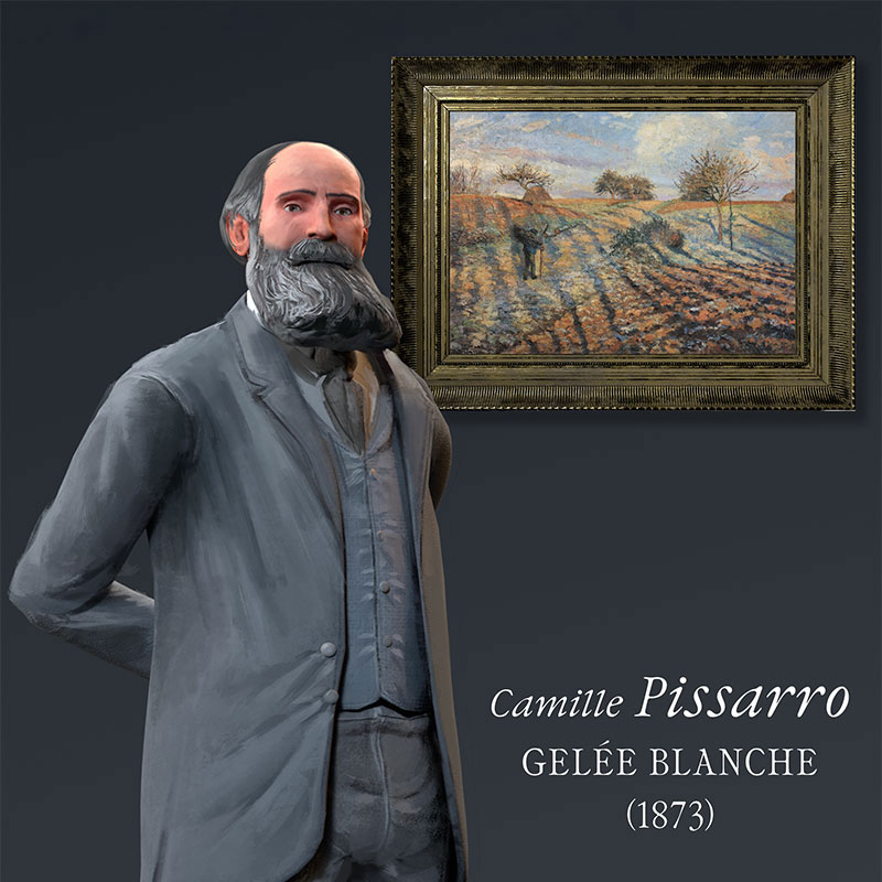 Camille Pissarro est le seul des artistes impressionnistes - dont il est le doyen - à avoir participé à toutes les expositions du groupe, de 1874 à 1886, s’imposant ainsi comme une de ses figures centrales. Au début des années 1870, il encourage ses compagnons à sortir peindre sur le motif, en plein air, et exerce une influence profonde sur Cézanne en particulier. 

Son tableau Gelée blanche, peint dans la campagne autour de Pontoise,  
au nord-ouest de Paris, témoigne de la maîtrise de l’artiste dans le rendu  
des effets atmosphériques : ici, une matinée d’hiver, où le froid a durci la terre, la recouvrant d’un voile de givre.