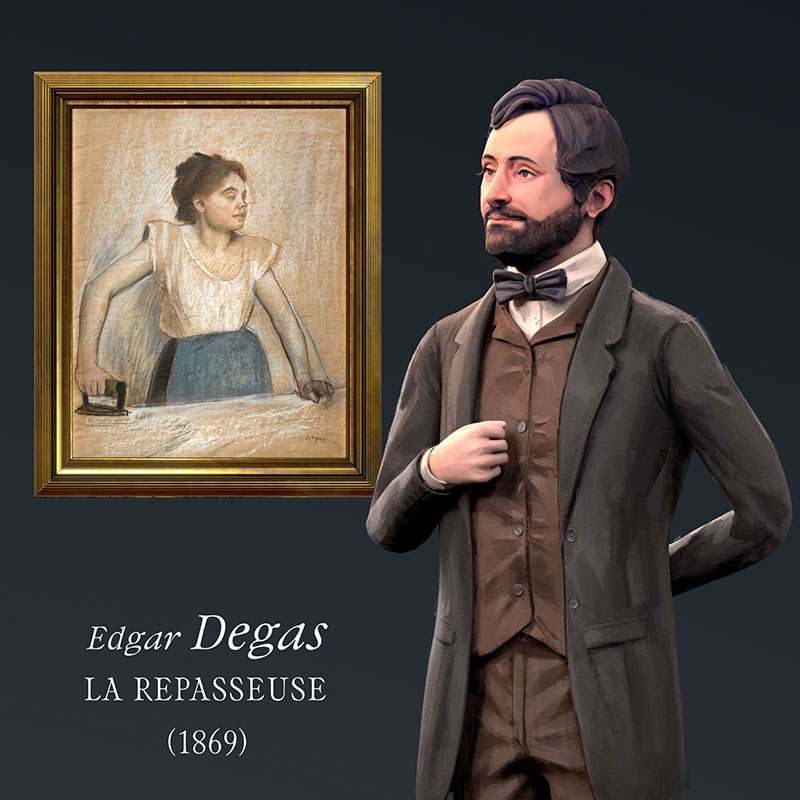 Artiste fondateur du groupe impressionniste, Degas se distingue de ses confrères par son choix de sujets. Ce grand bourgeois, fils de banquier, ne pratique pas la peinture en plein air : plutôt que des paysages, il préfère représenter la vie parisienne dans toute sa modernité. Il peint ainsi des intérieurs de cafés, ou encore le monde du spectacle, où des danseuses évoluent sur scène, répètent ou se reposent. Il s’intéresse aussi aux ouvrières – modistes ou blanchisseuses - se concentrant  sur leurs gestes et attitudes. 
Dans La Repasseuse, Degas porte un regard attentif sur  une jeune femme affairée à sa tâche : ici, la jeune modèle  Emma Dobigny. Avec quelques traits de fusain, de craie et  de pastel, il décrit ses mouvements répétitifs et rend compte de sa lassitude.