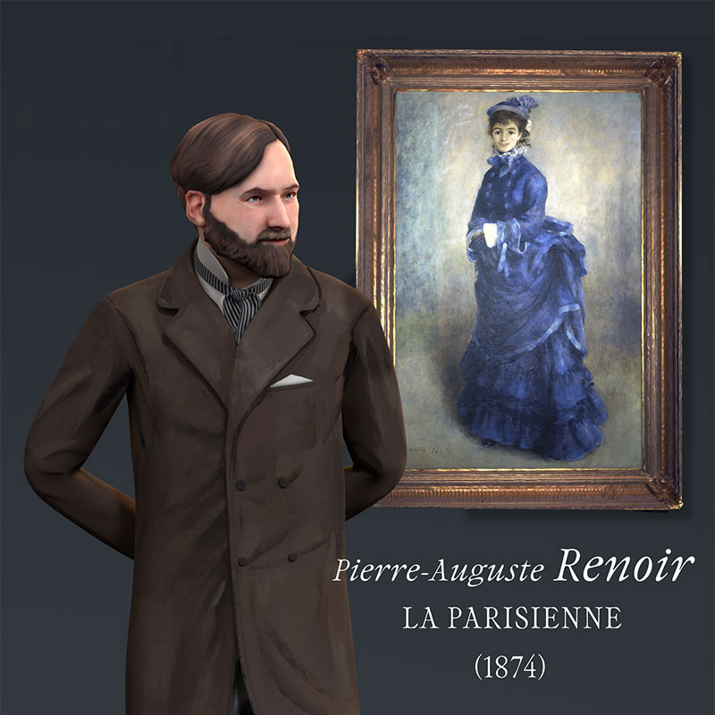 Pierre-Auguste Renoir compte parmi les artistes les plus étroitement associés à la première exposition impressionniste. Il participe à son organisation, décidant sans doute de son accrochage. Paysagiste brillant et sensible, il est également fasciné par le monde moderne, et met  
en scène ses contemporains dans des œuvres toutes vibrantes de vie.
Son tableau La Parisienne prend pour modèle une jeune actrice,  Henriette Henriot, vêtue à la dernière mode. Renoir restitue la vivacité et l’élégance de cette jeune femme, et l’ancre fermement dans son époque.